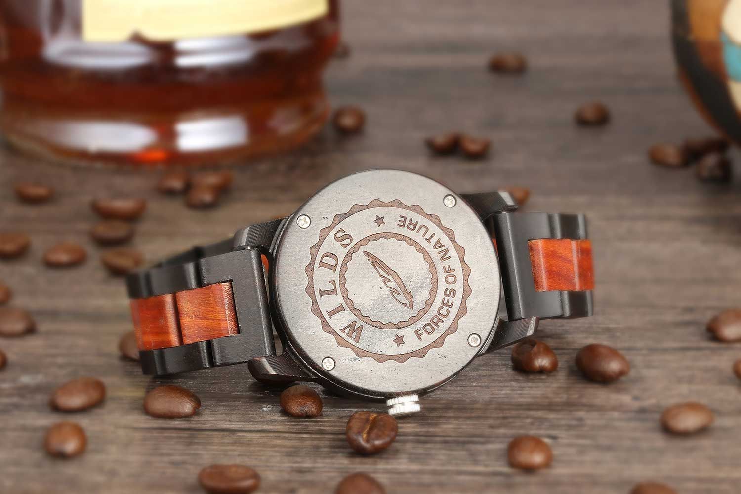 MCHPI Store Men's Handcrafted Engraving Ebony & Rose Wood Watch - Best Gift Idea!